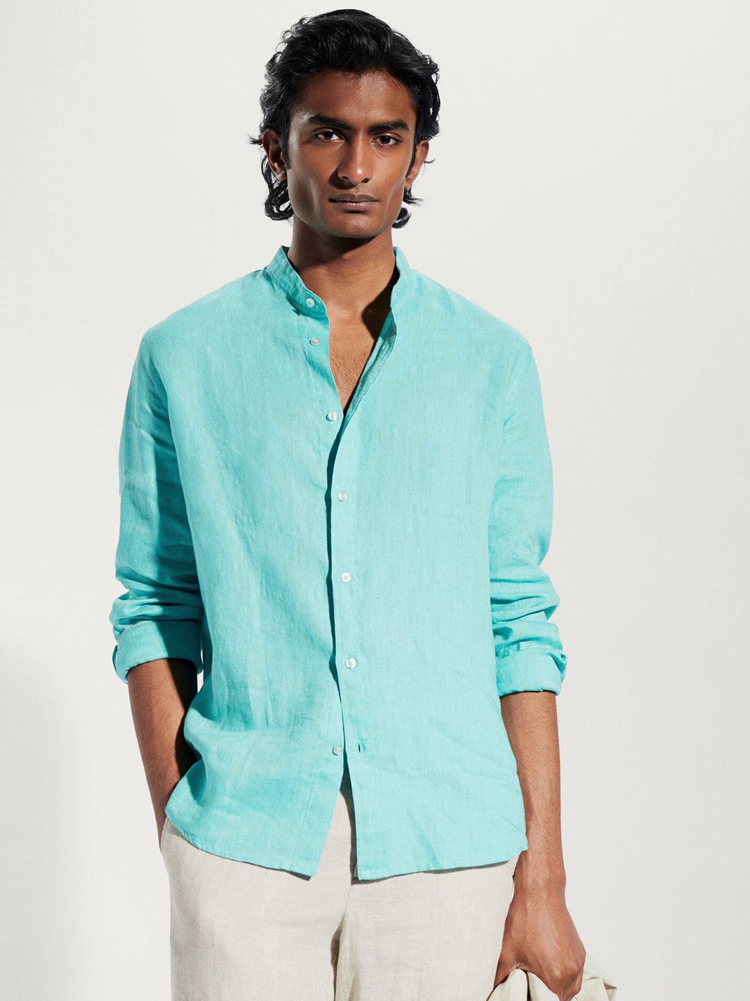 MANGO MAN Solid Pure Linen Casual Shirt, Blue