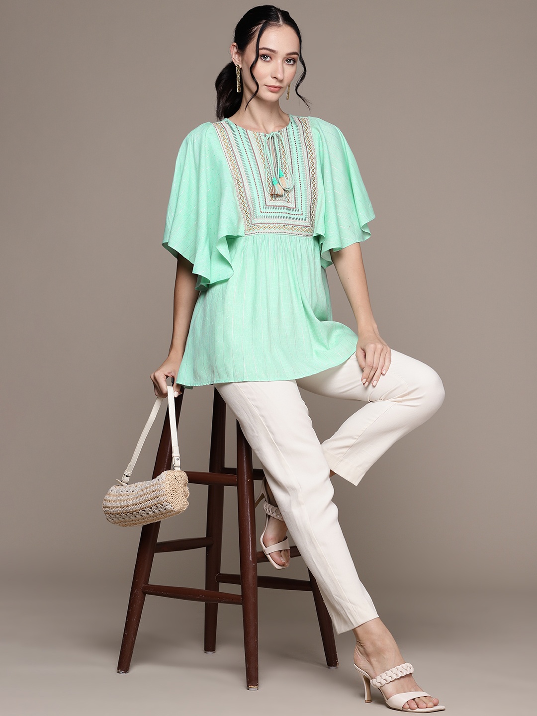 aarke Ritu Kumar Geometric Embroidered Tie-Up Neck Flared Sleeve Top, Sea green
aarke Ritu Kumar Geometric Embroidered Tie-Up Neck Flared Sleeve Top, Sea green