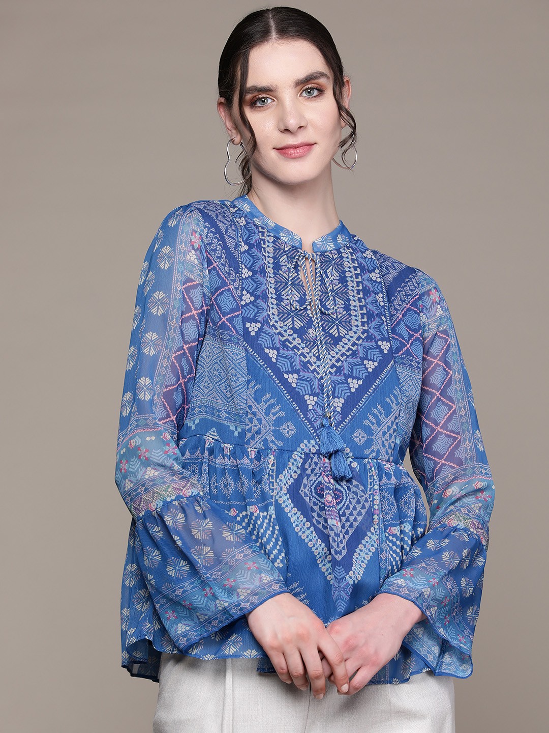 aarke Ritu Kumar Print Tie-Up Neck Bell Sleeves Ethnic Chiffon Peplum Longline Top, Blue
aarke Ritu Kumar Print Tie-Up Neck Bell Sleeves Ethnic Chiffon Peplum Longline Top, Blue