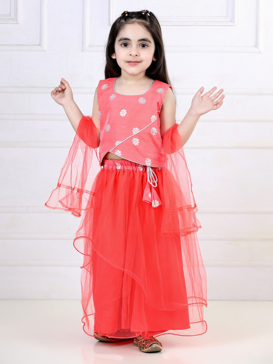 Kinder Kids Girls Embroidered Layered Ready to Wear Lehenga & Blouse With Dupatta, Peach
Kinder Kids Girls Embroidered Layered Ready to Wear Lehenga & Blouse With Dupatta, Peach