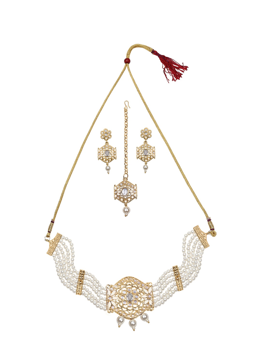 ZaffreCollections Gold-Plated Stone-Studded & Beaded Necklace and Earrings with Maang Tika, White
ZaffreCollections Gold-Plated Stone-Studded & Beaded Necklace and Earrings with Maang Tika, White