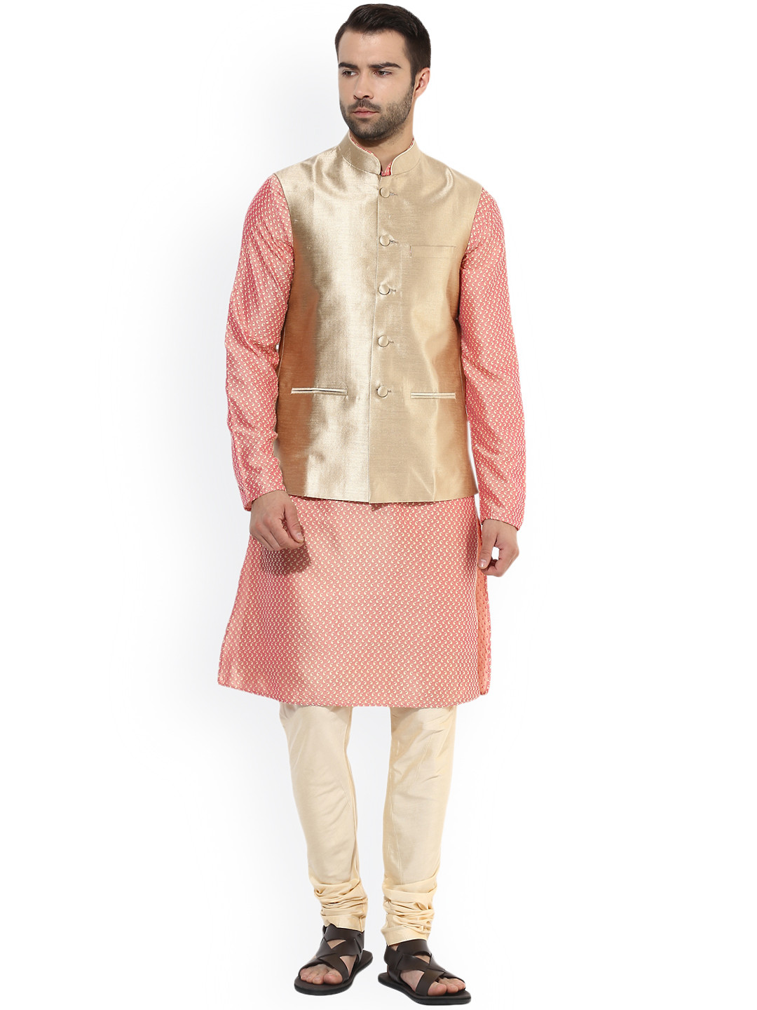 KISAH Men Pink & Cream-Coloured Self-Design Kurta with Churidar & Nehru jacket
KISAH Men Pink & Cream-Coloured Self-Design Kurta with Churidar & Nehru jacket