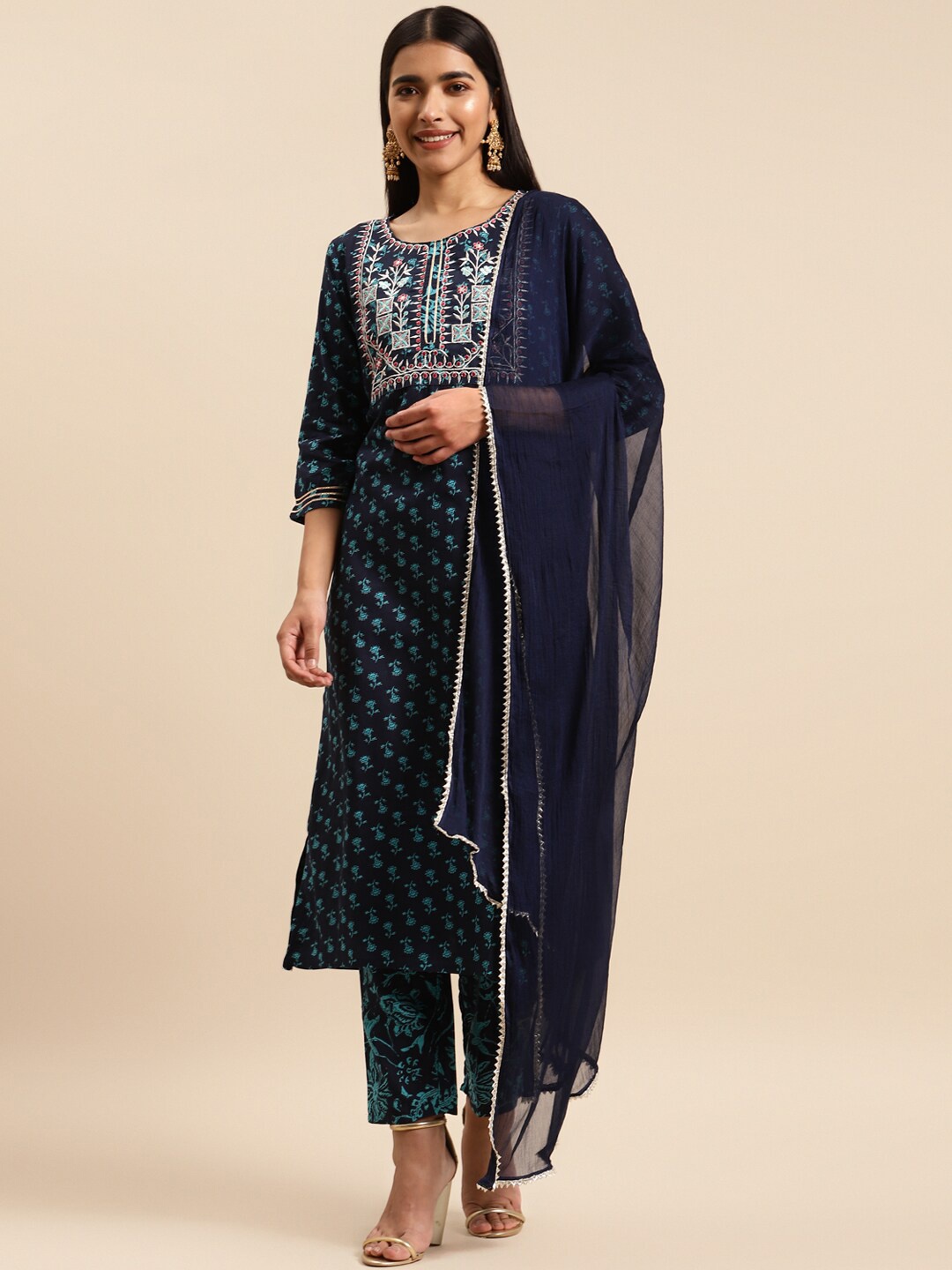 KALINI Floral Printed Thread Work Pure Cotton Kurta with Trousers & Dupatta, Blue
KALINI Floral Printed Thread Work Pure Cotton Kurta with Trousers & Dupatta, Blue