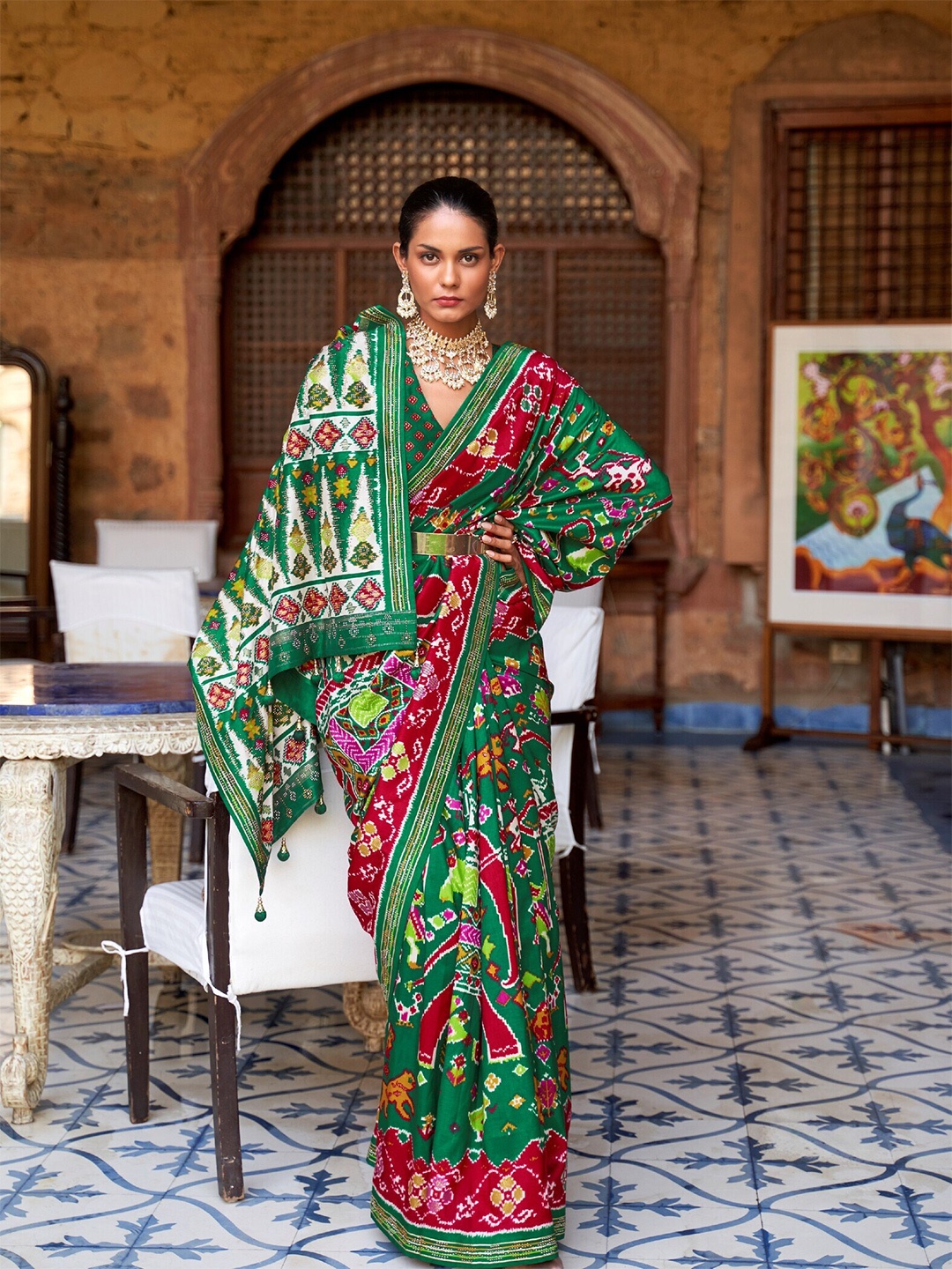 Mitera Ethnic Motifs Beads and Stones Embellished Pure Silk Patola Saree, Red
Mitera Ethnic Motifs Beads and Stones Embellished Pure Silk Patola Saree, Red