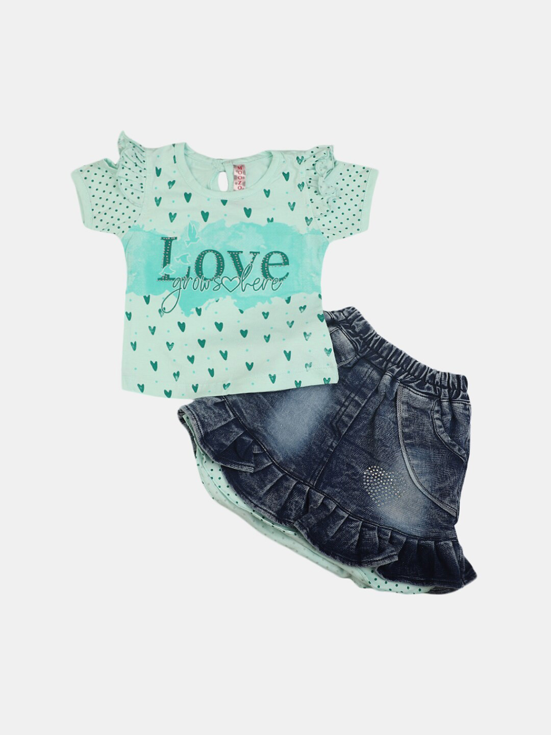 V-Mart Infant Girls Printed Pure Cotton T-shirt With Knit-Denim Skirt, Green 
V-Mart Infant Girls Printed Pure Cotton T-shirt With Knit-Denim Skirt, Green