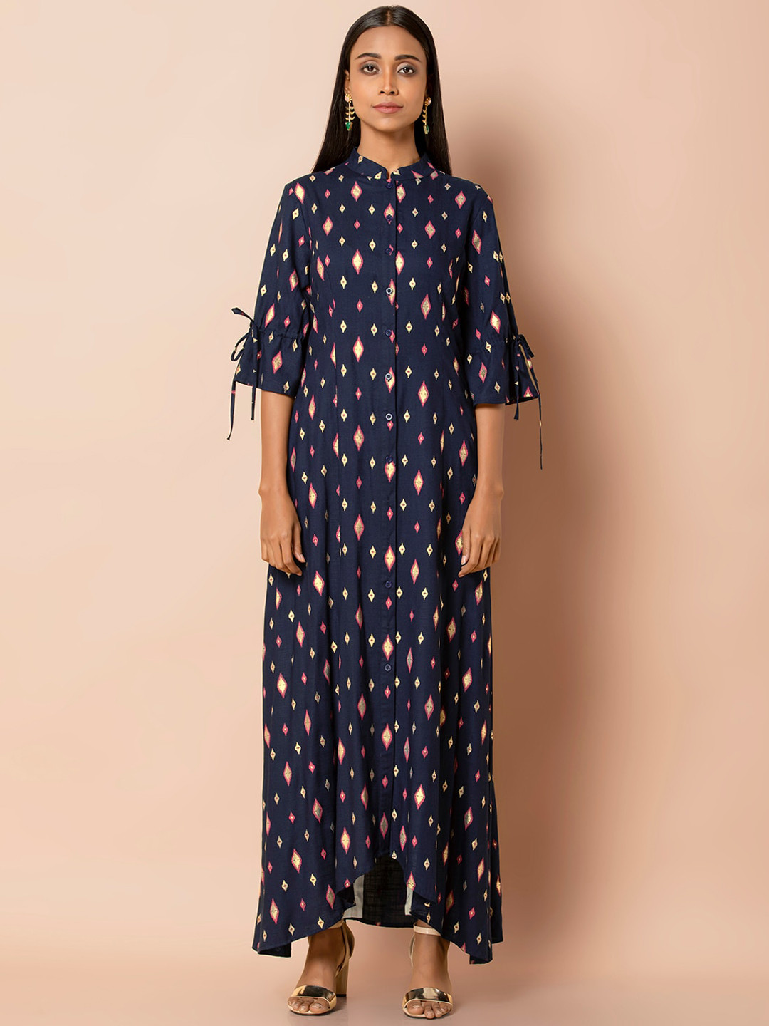 INDYA Ikat Foil Printed Shirt A-Line Regular Kurta, Blue 
INDYA Ikat Foil Printed Shirt A-Line Regular Kurta, Blue