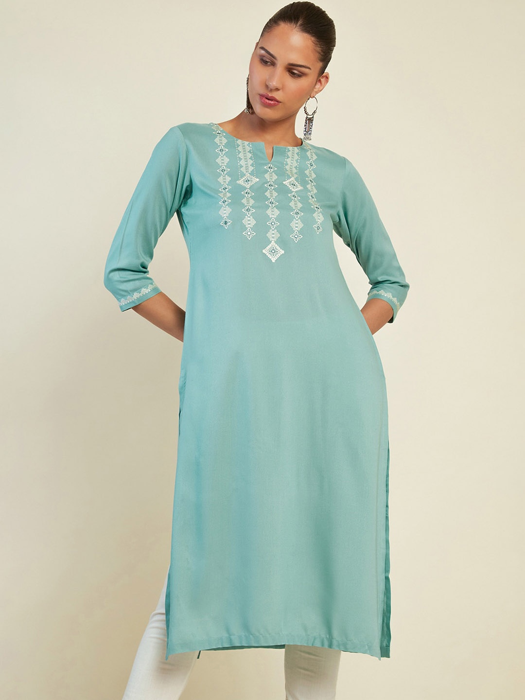Soch Ethnic Motifs Yoke Design Notched Neck Thread Work Straight Kurta, Turquoise blue
Soch Ethnic Motifs Yoke Design Notched Neck Thread Work Straight Kurta, Turquoise blue
