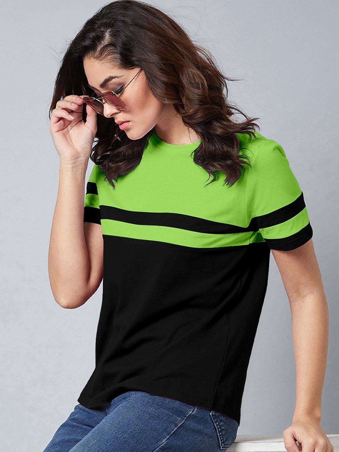 AUSK Colourblocked Round Neck Cotton T-Shirt, Black
