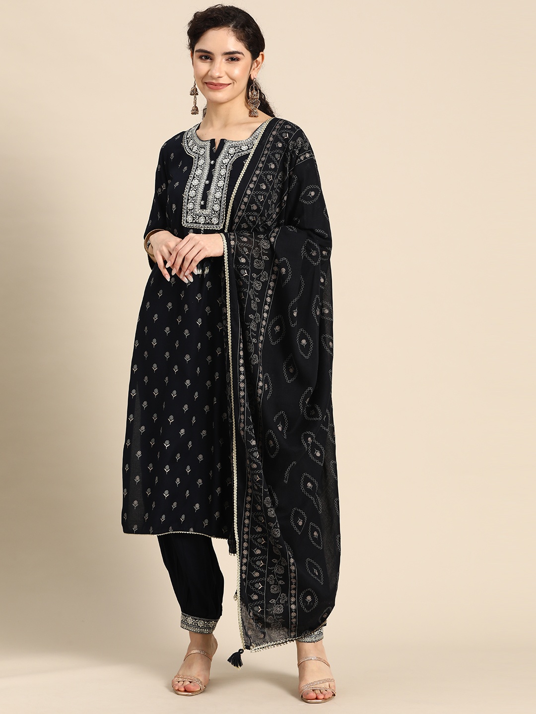 Prakhya Floral Yoke Design Regular Mirror Work Kurta with Palazzos & With Dupatta, Navy blue
Prakhya Floral Yoke Design Regular Mirror Work Kurta with Palazzos & With Dupatta, Navy blue