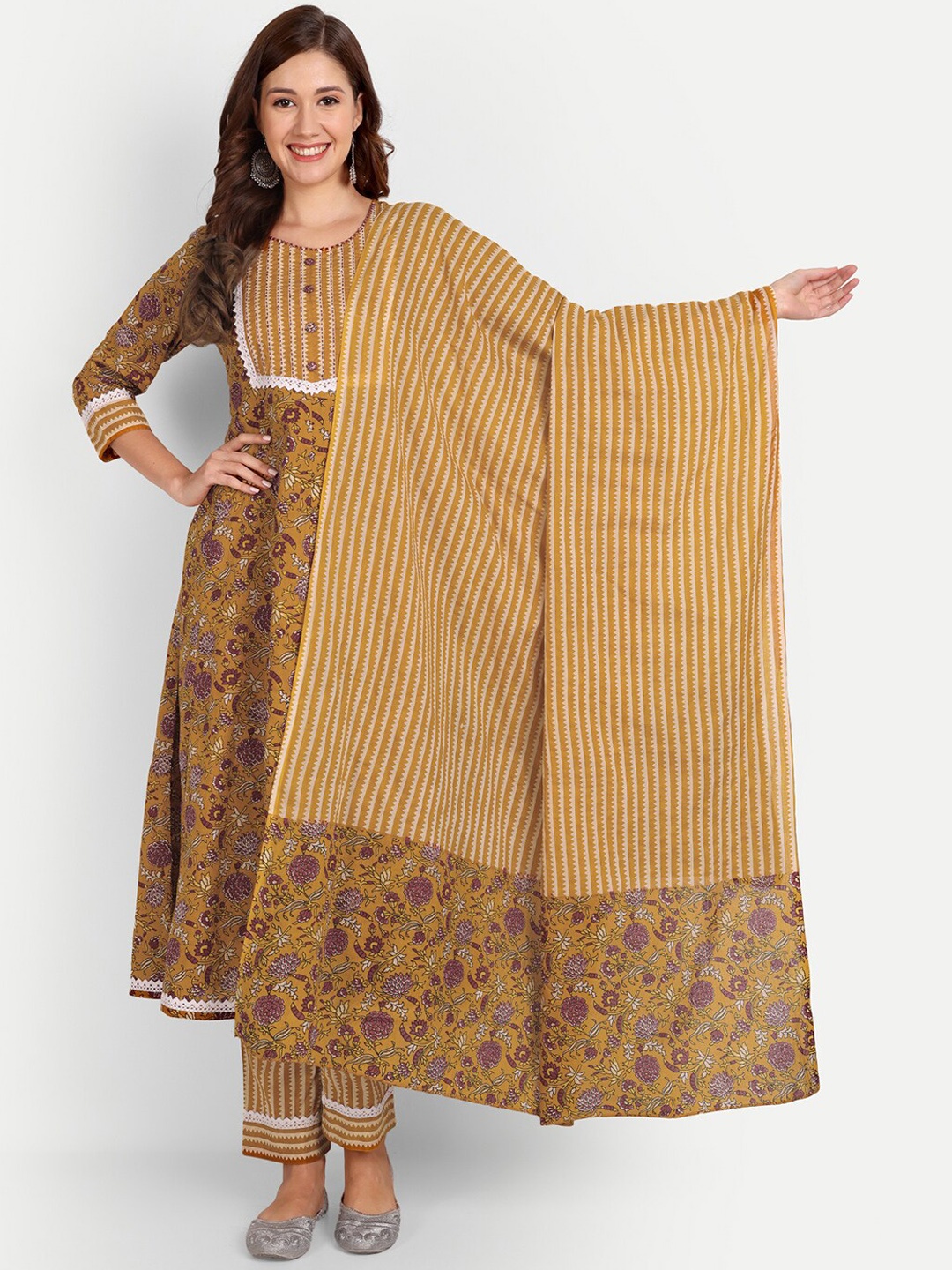Mclothings Floral Printed Anarkali Pure Cotton Kurta with Trousers & Dupatta, Mustard
Mclothings Floral Printed Anarkali Pure Cotton Kurta with Trousers & Dupatta, Mustard