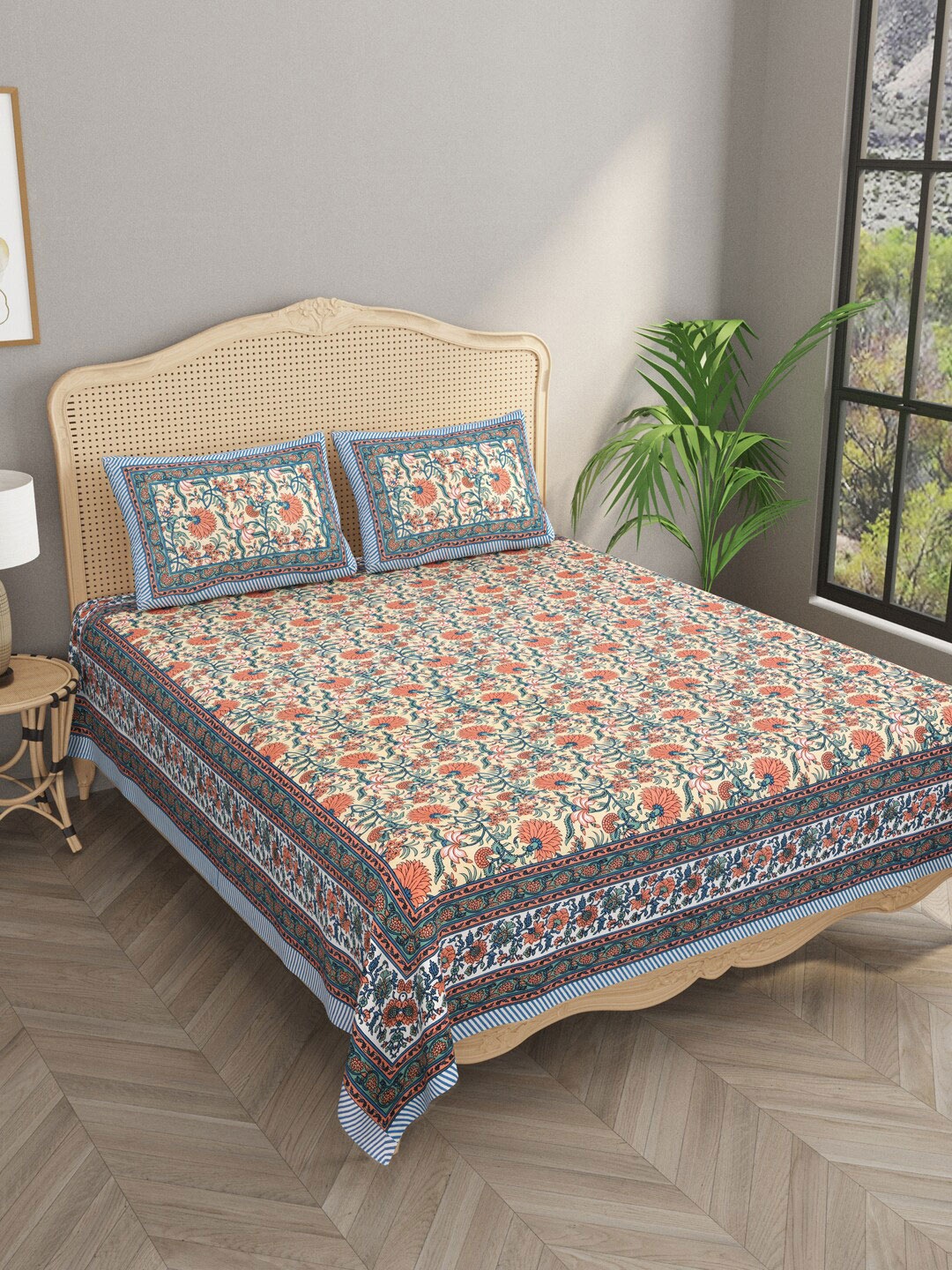 Gulaab Jaipur Peach & Blue Ethnic Motifs 330 TC Cotton King Bedsheet With 2 Pillow Covers
Gulaab Jaipur Peach & Blue Ethnic Motifs 330 TC Cotton King Bedsheet With 2 Pillow Covers