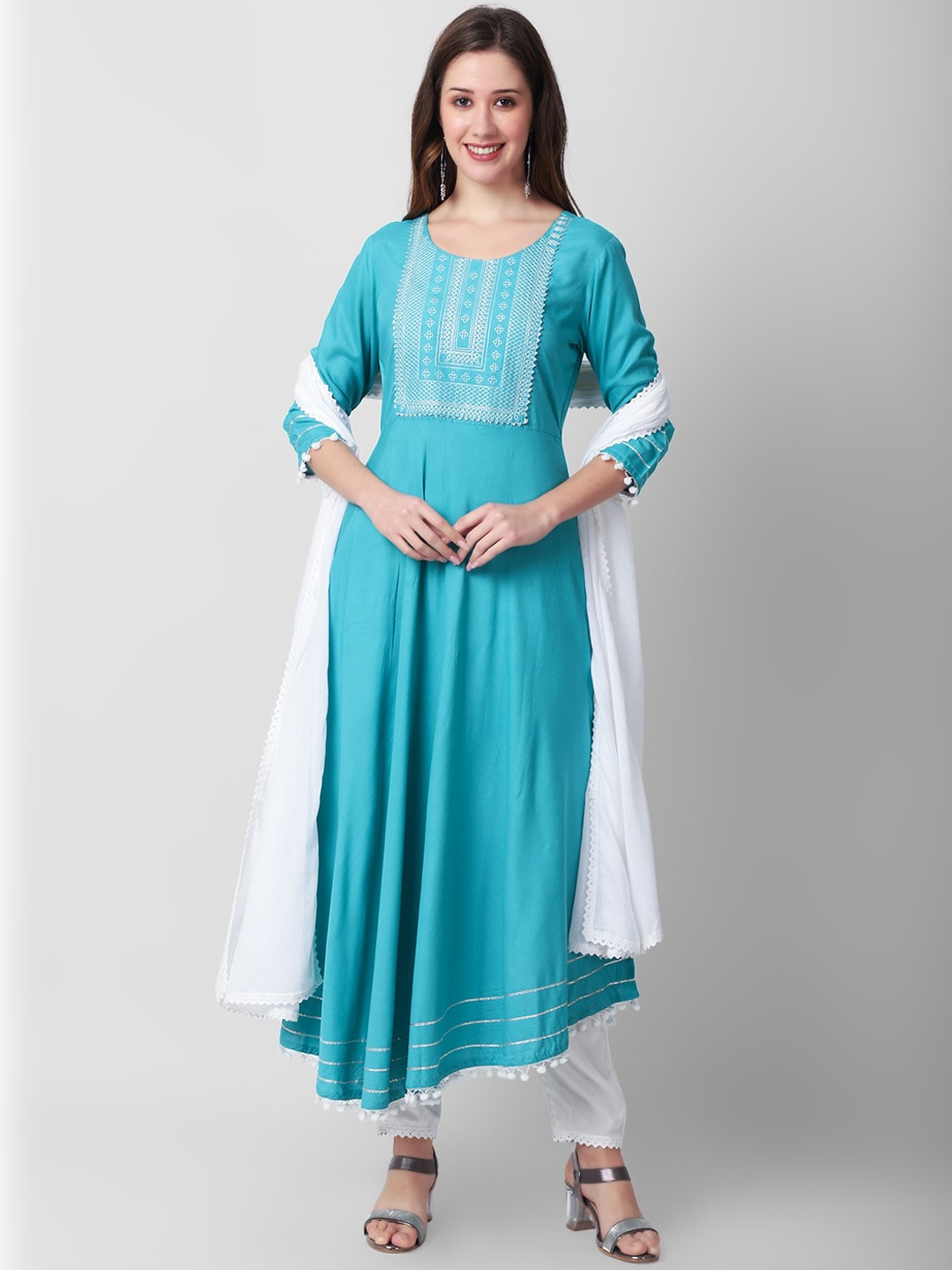 KALINI Embroidered Gotta Patti Anarkali Kurta with Trousers & Dupatta, Turquoise blue
KALINI Embroidered Gotta Patti Anarkali Kurta with Trousers & Dupatta, Turquoise blue