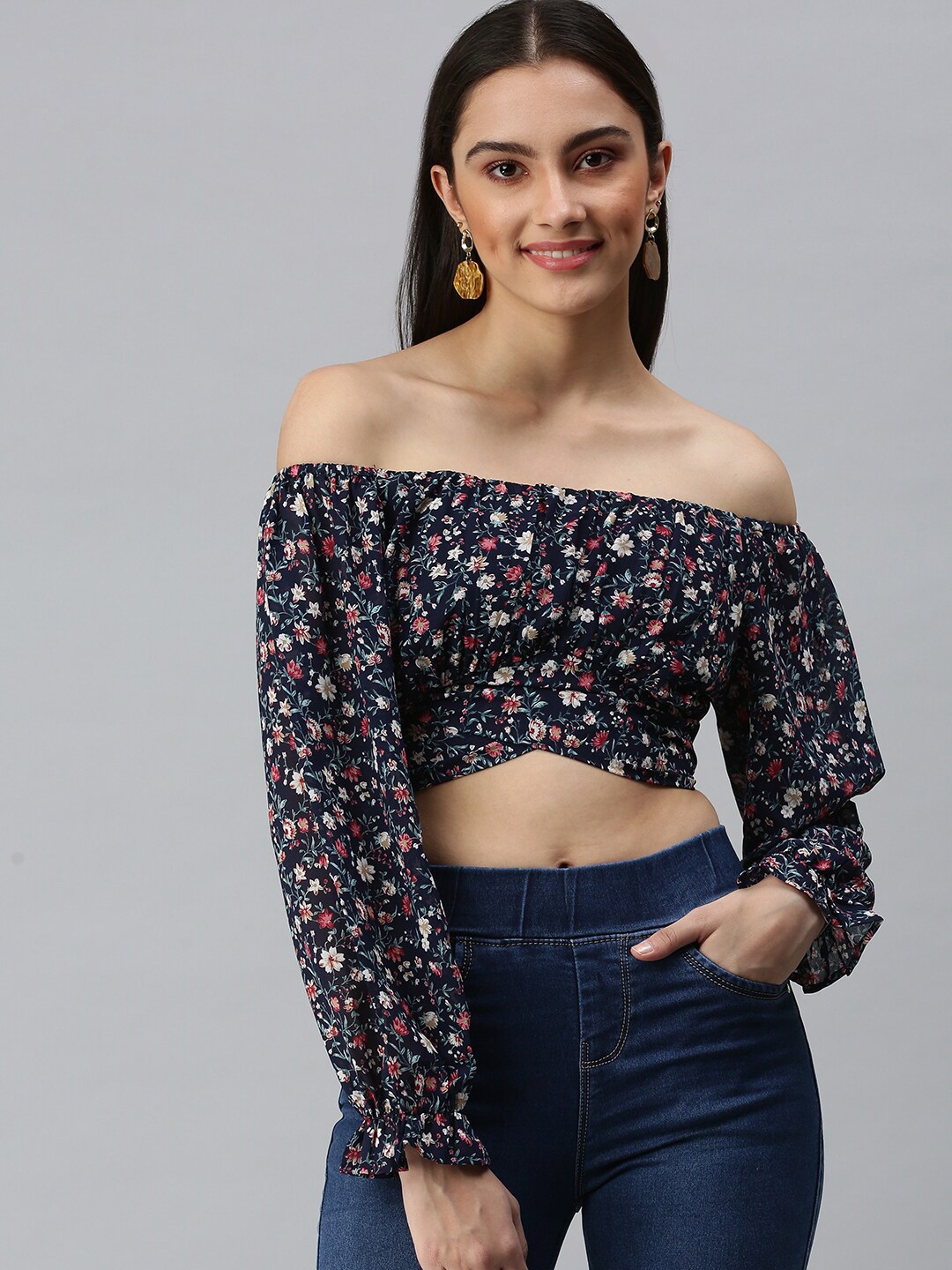 SHOWOFF Floral Printed Off-Shoulder Puff Sleeved Waist Tie-Ups Georgette Bardot Crop Top, Navy blue
SHOWOFF Floral Printed Off-Shoulder Puff Sleeved Waist Tie-Ups Georgette Bardot Crop Top, Navy blue
