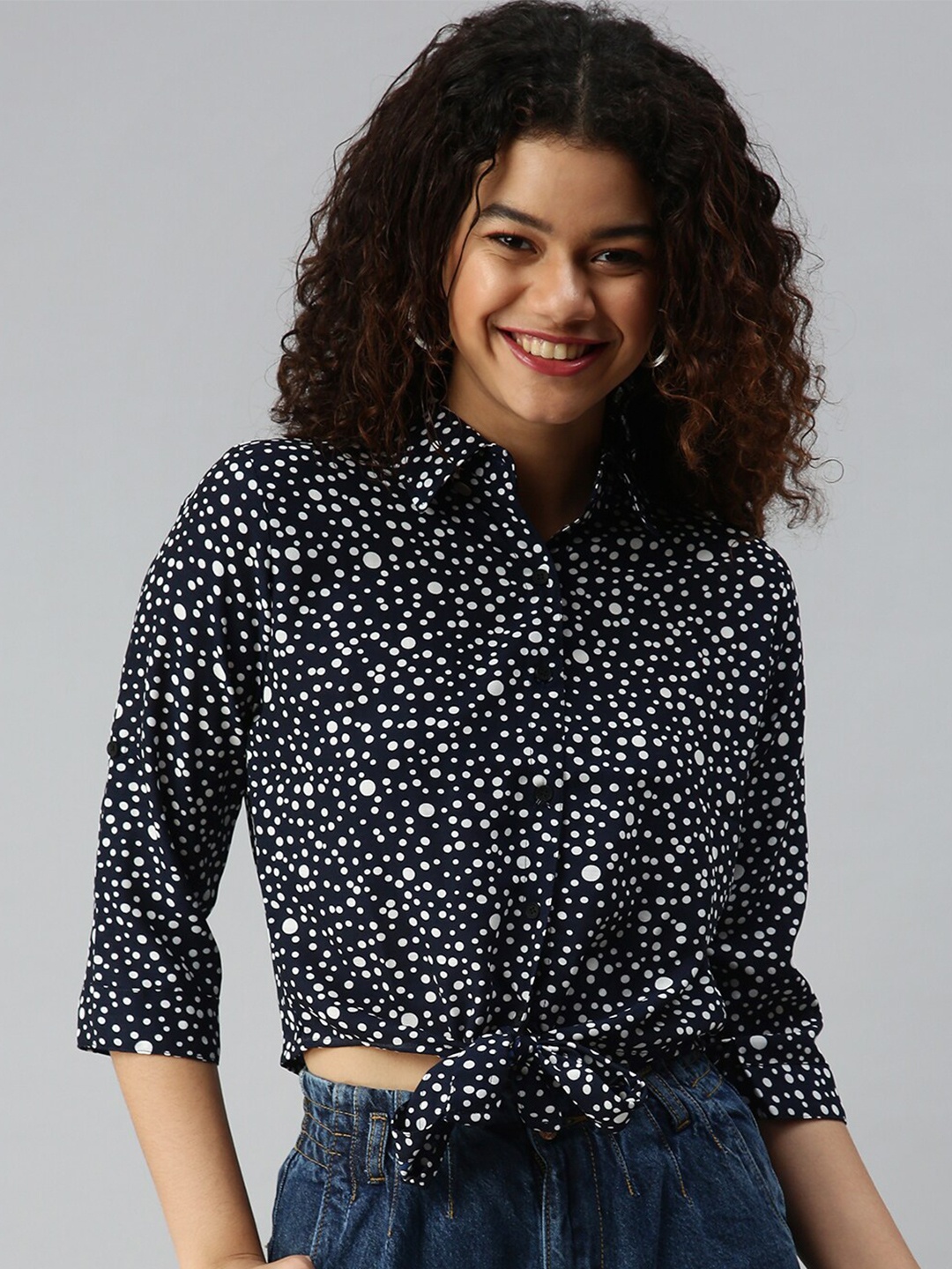 SHOWOFF Polka Dots Printed Three-Quarter Sleeves Tie-Up Front Shirt Style Crop Top, Navy blue
SHOWOFF Polka Dots Printed Three-Quarter Sleeves Tie-Up Front Shirt Style Crop Top, Navy blue