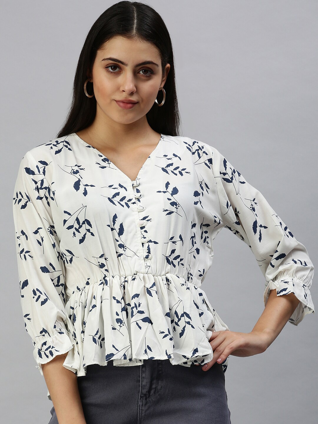 SHOWOFF Floral Print Puff Sleeves Peplum Top, White