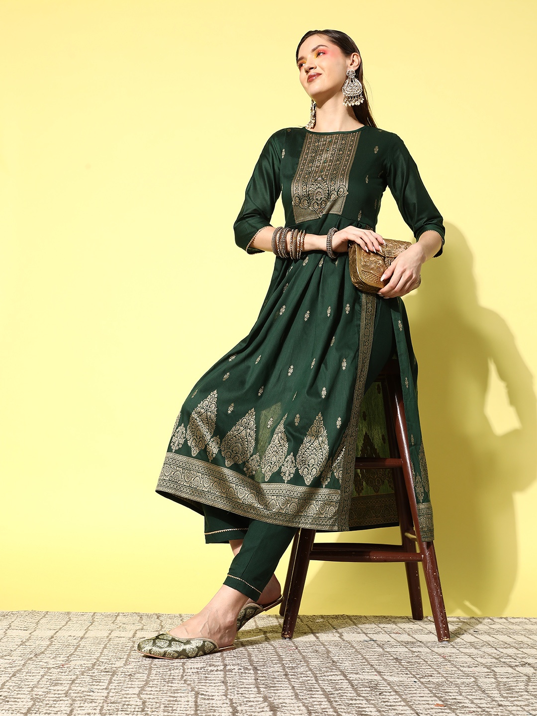 Sangria Floral Yoke Design Pleated Chanderi Silk Kurta with Trousers, Green