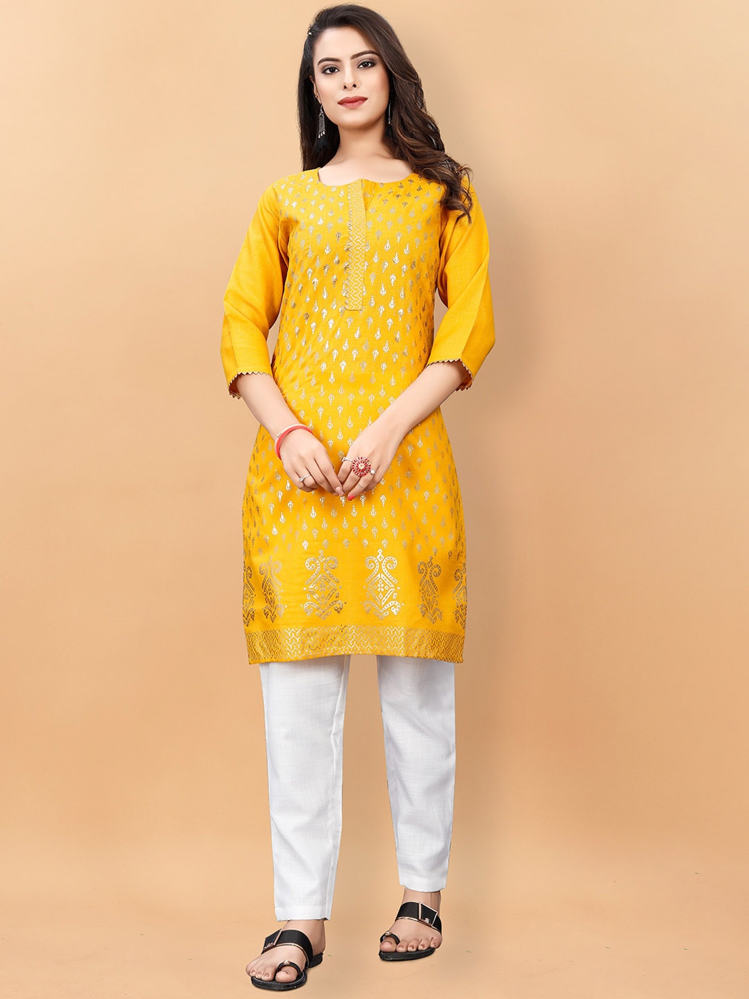 KALINI Ethnic Motifs Printed Regular Gotta Patti Pure Cotton Kurta with Trousers, Yellow
KALINI Ethnic Motifs Printed Regular Gotta Patti Pure Cotton Kurta with Trousers, Yellow