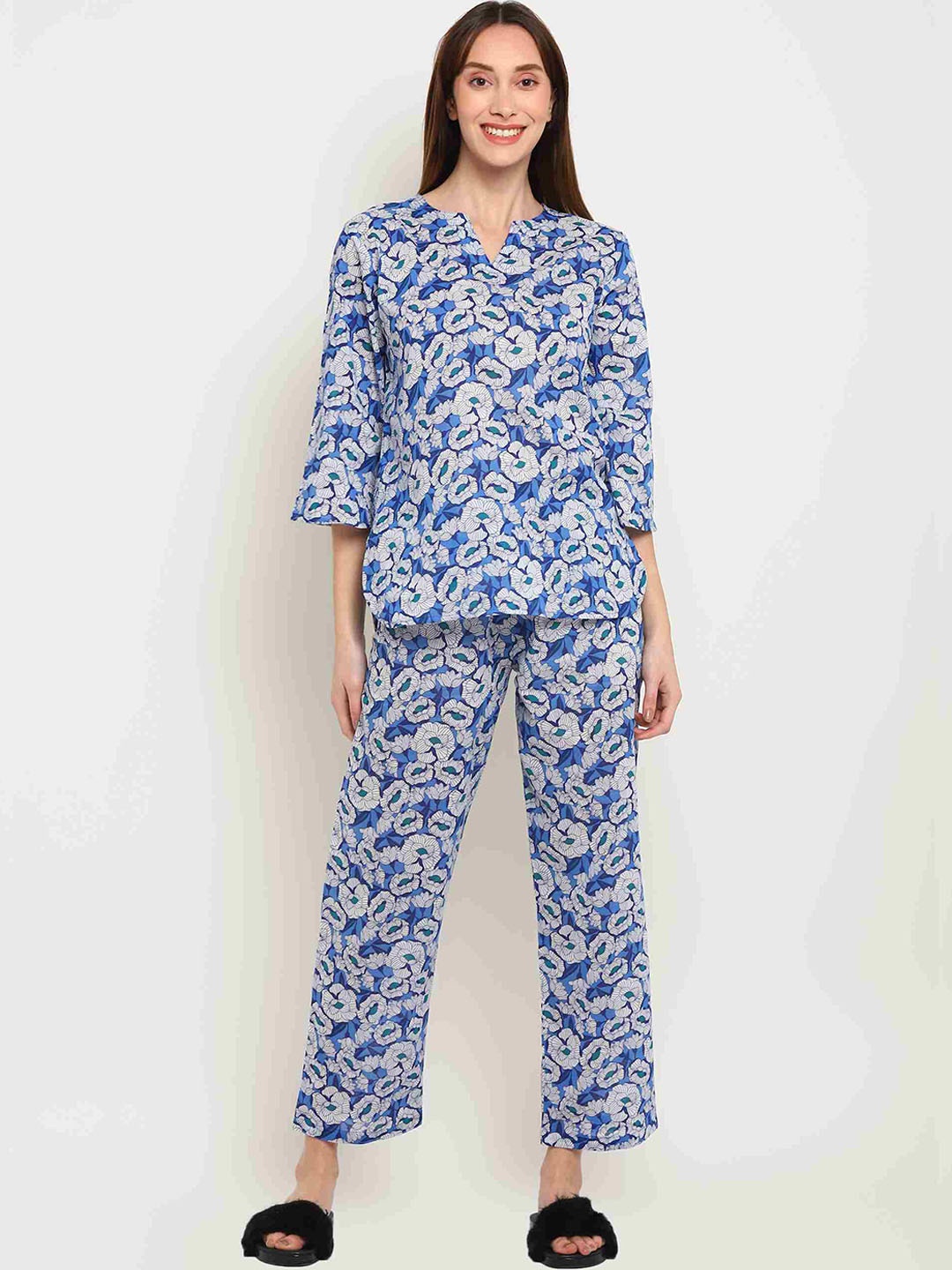 shopbloom Floral Printed Pure Cotton Night Suit, Blue
