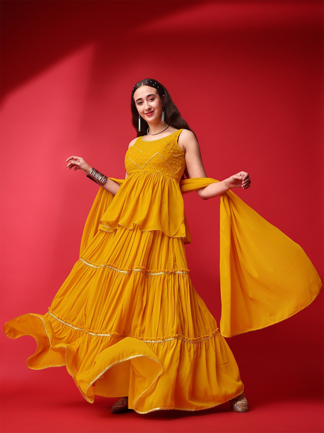 ASPORA Mirror Work Embroidered Tiered Lehenga & Blouse With Dupatta, Yellow