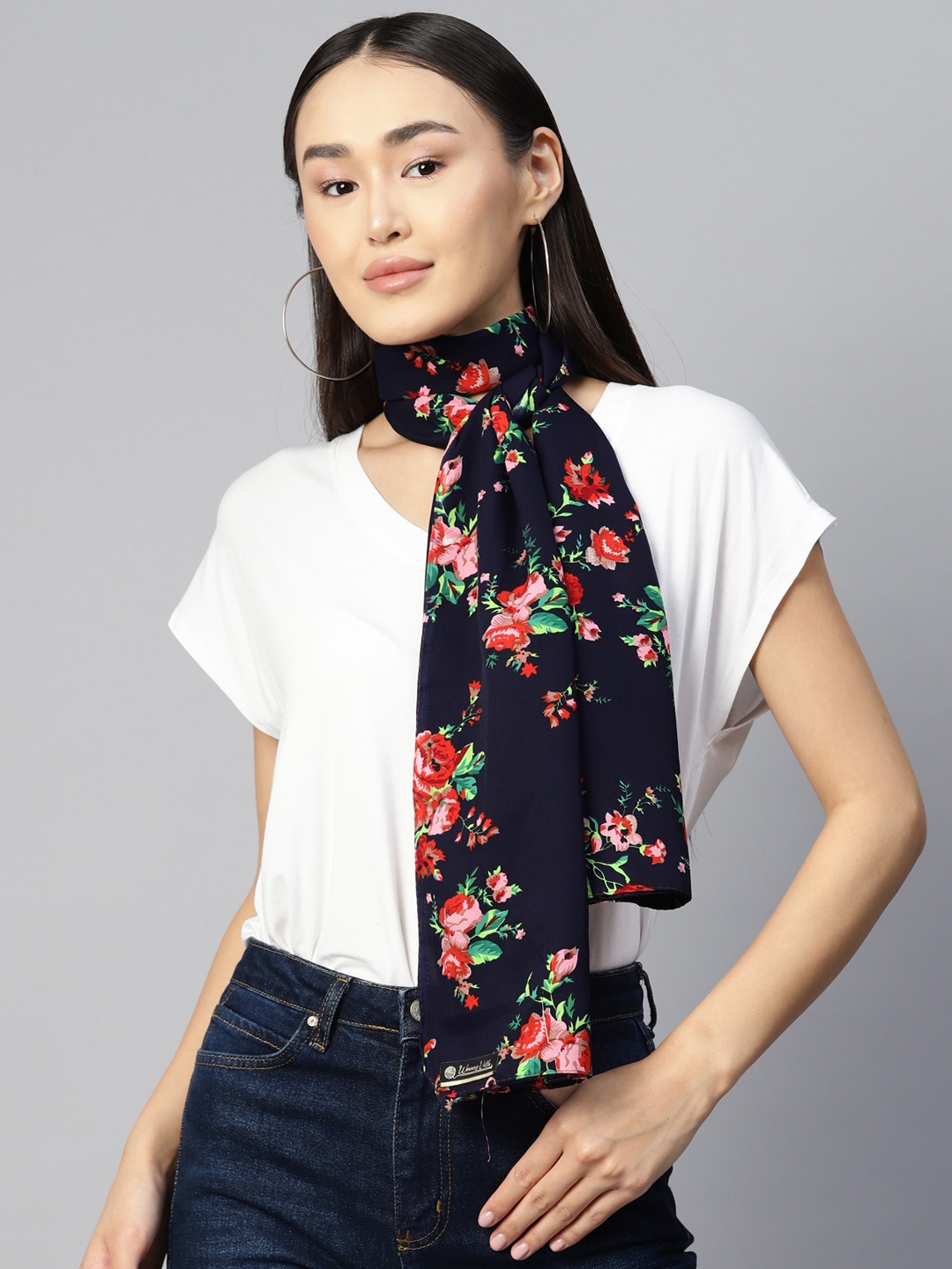WEAVERS VILLA Floral Printed Cotton Stole, Navy blue