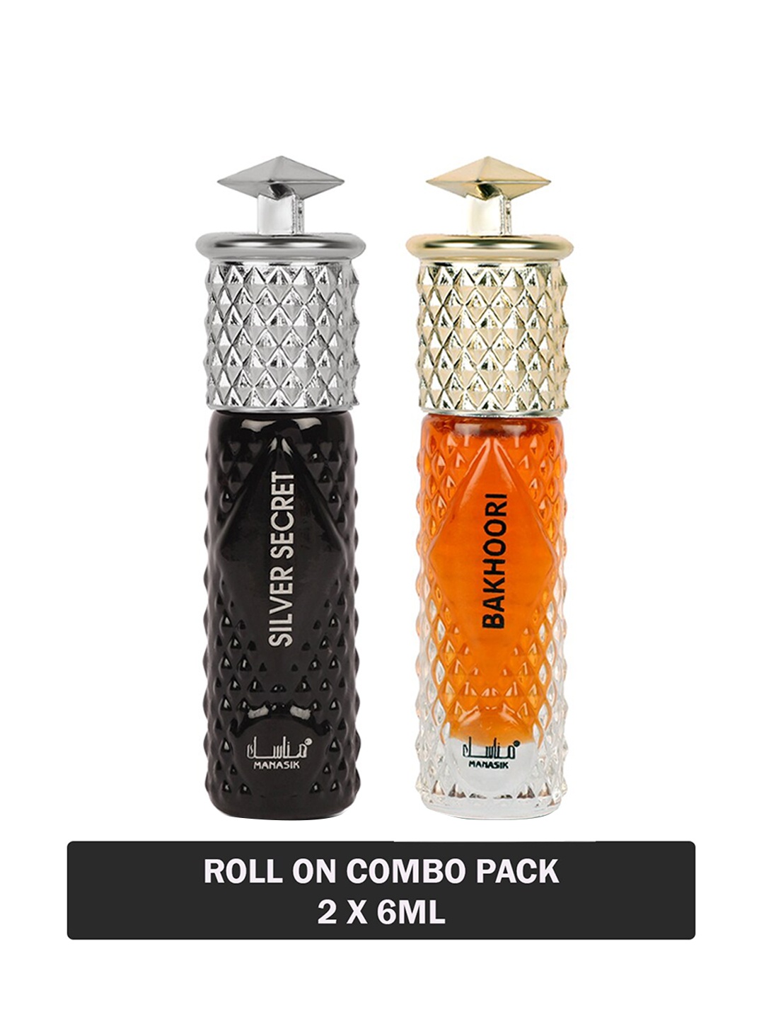 MANASIK Set of Silver Secret & Bakhoori Long-Lasting Roll-On Attar - 6 ml each, Black
MANASIK Set of Silver Secret & Bakhoori Long-Lasting Roll-On Attar - 6 ml each, Black
