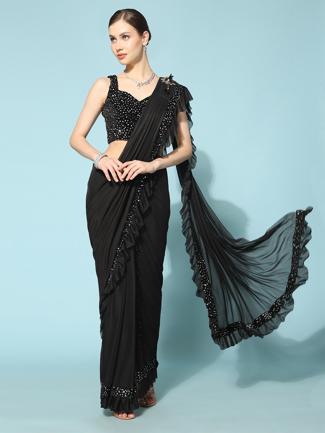 TEREZA Ruffled Sequined Lycra Saree, Black