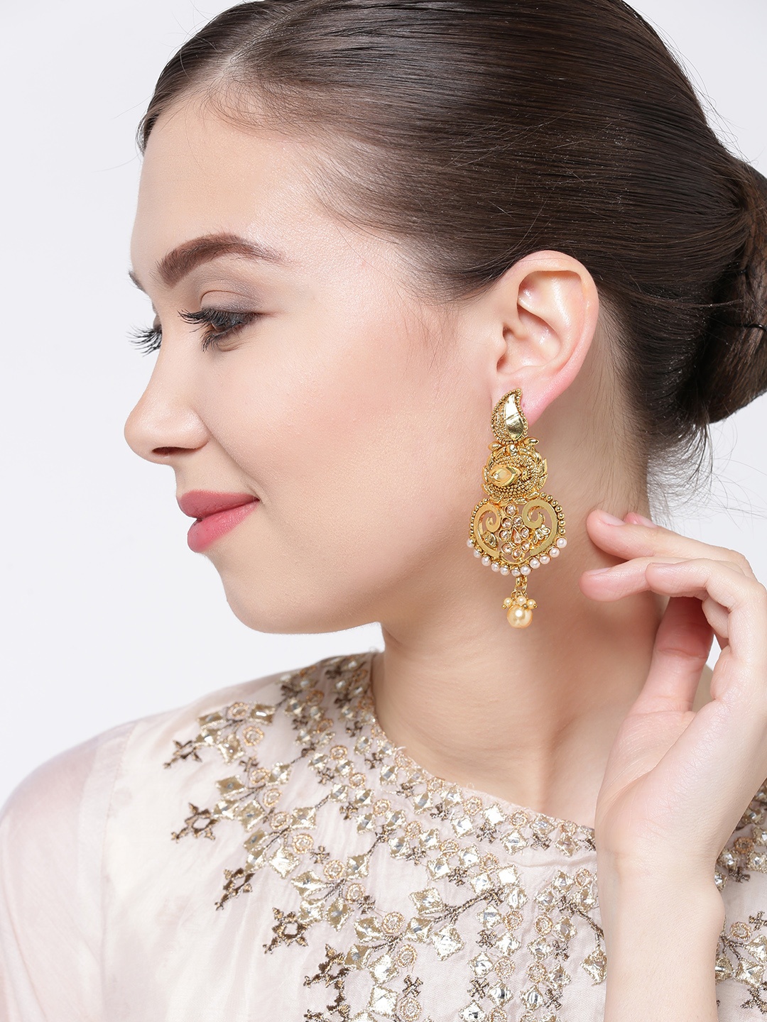 YouBella Gold-Toned Paisley-Shaped Drop Earrings