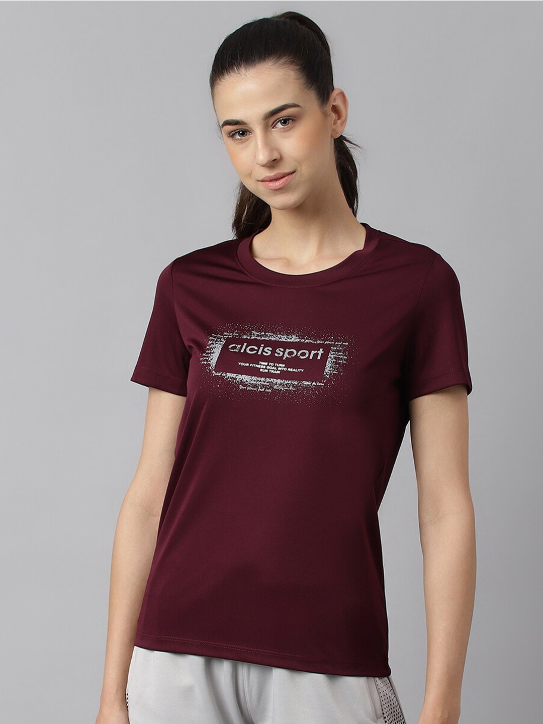 Alcis Women Printed Anti-Static Slim-Fit Round Neck Training T-Shirt, Maroon