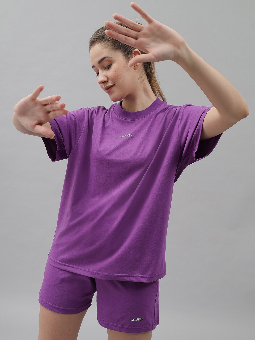 GRIFFEL Women Pure Cotton T-shirt with Shorts, Purple