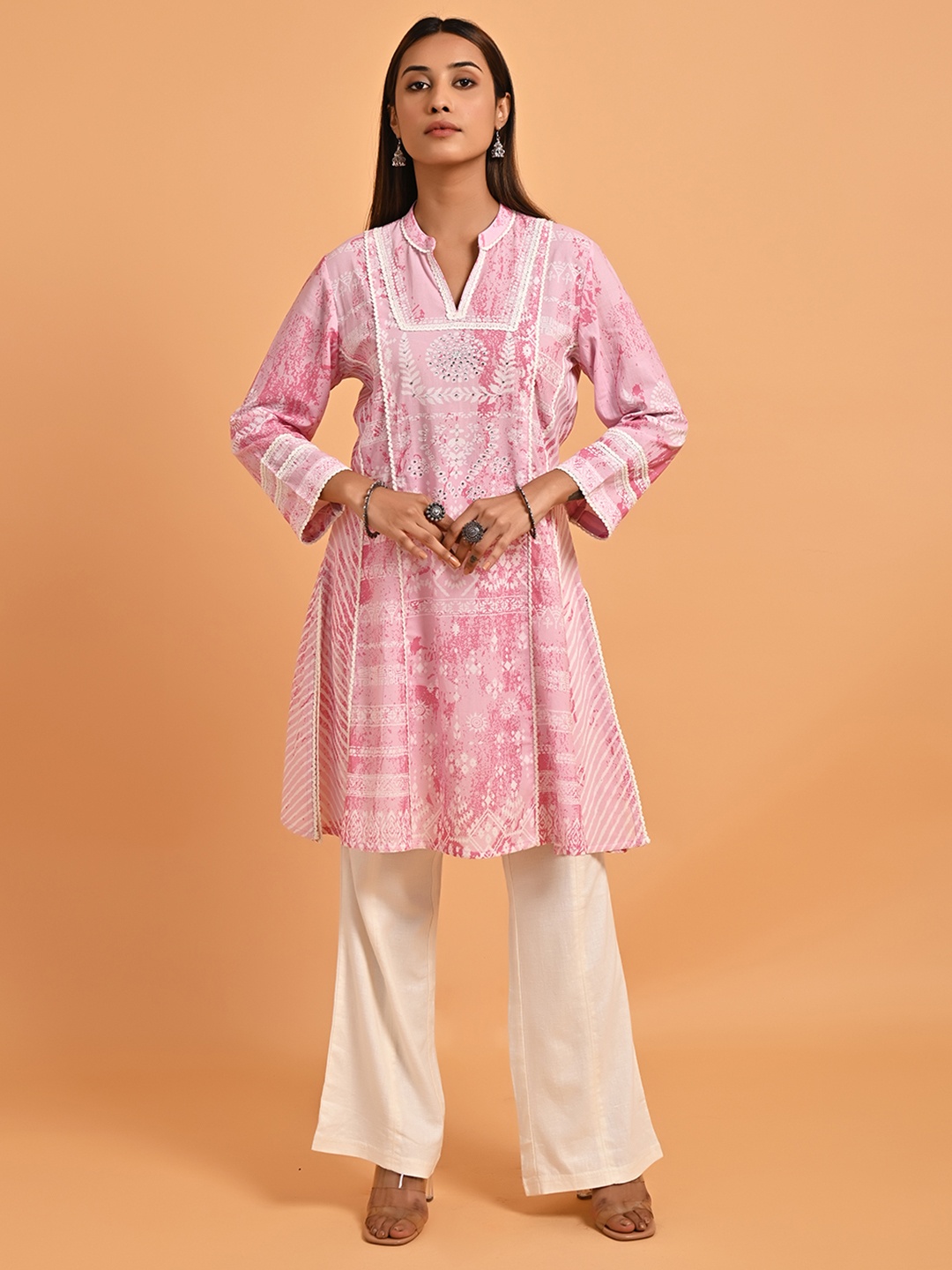 Lakshita Floral Printed Mandarin Collar Beads and Stones Lace Detailing Georgette Kurti, Pink
Lakshita Floral Printed Mandarin Collar Beads and Stones Lace Detailing Georgette Kurti, Pink
