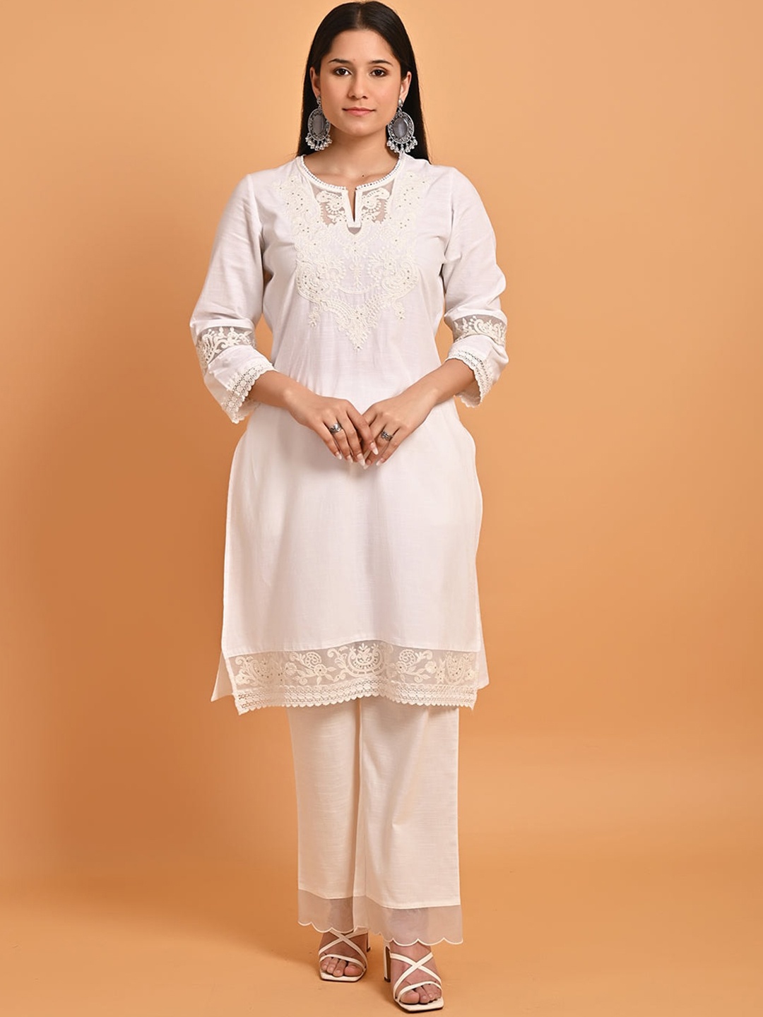 Lakshita Plus Size Ethnic Motifs Embroidered Sequined Pure Cotton Kurta with Palazzos, Off white
Lakshita Plus Size Ethnic Motifs Embroidered Sequined Pure Cotton Kurta with Palazzos, Off white