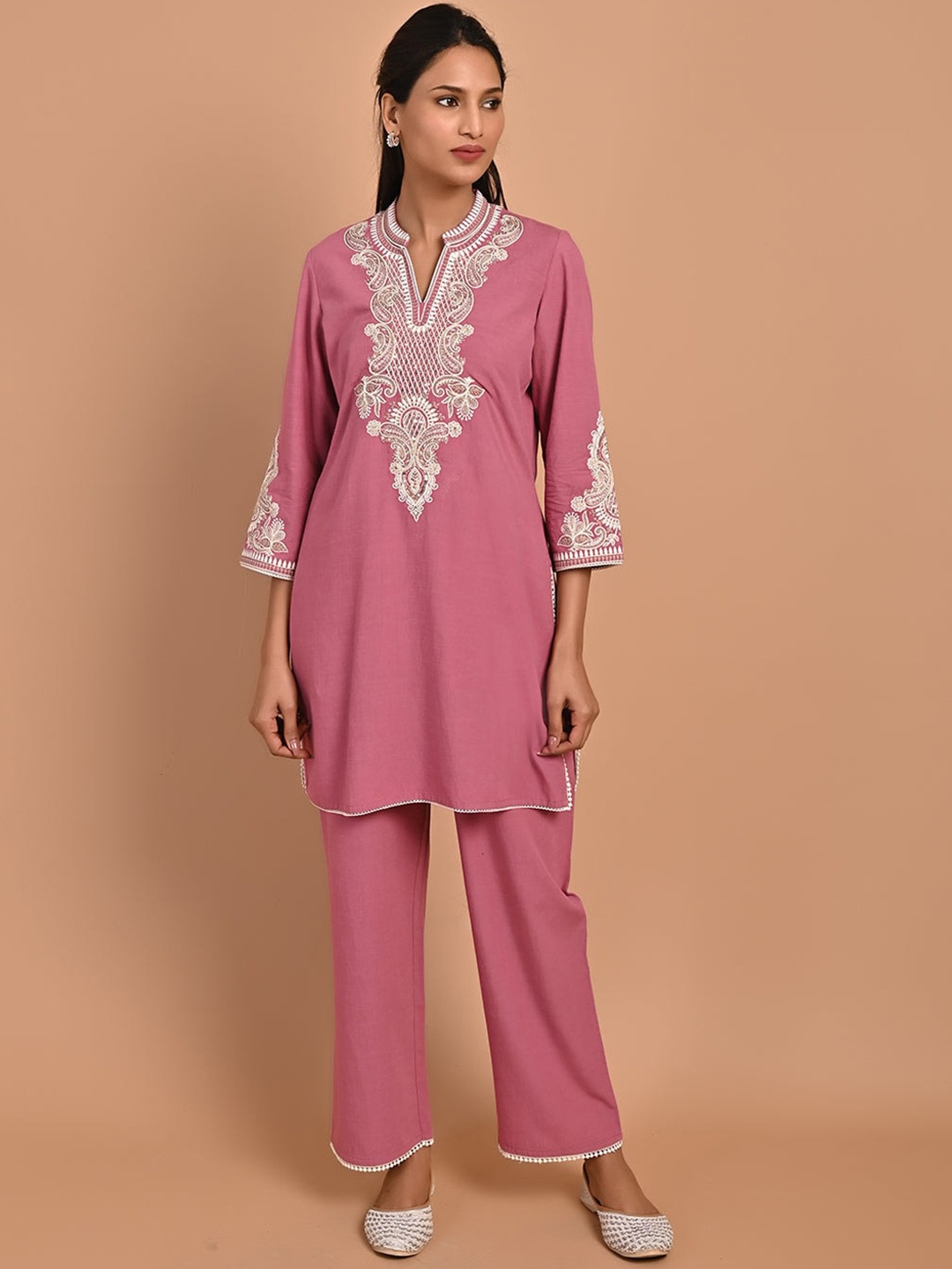 Lakshita Ethnic Motifs Embroidered Sequinned Work Pure Cotton Kurti with Palazzos, Pink
Lakshita Ethnic Motifs Embroidered Sequinned Work Pure Cotton Kurti with Palazzos, Pink