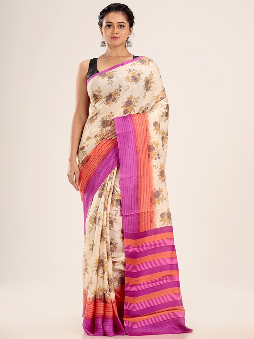 AllSilks Floral Printed Pure Silk Saree, Cream