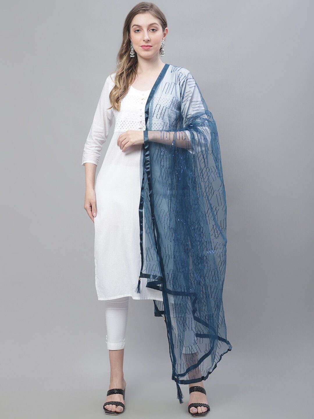 LOOM LEGACY Embroidered Sequinned Net Dupatta, Navy blue