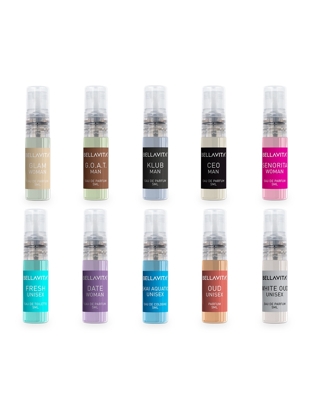 Bella Vita Organic Pack of 10 Luxury Long Lasting EDP Fragrance Gift Set - 5 ml Each, Transparent
Bella Vita Organic Pack of 10 Luxury Long Lasting EDP Fragrance Gift Set - 5 ml Each, Transparent