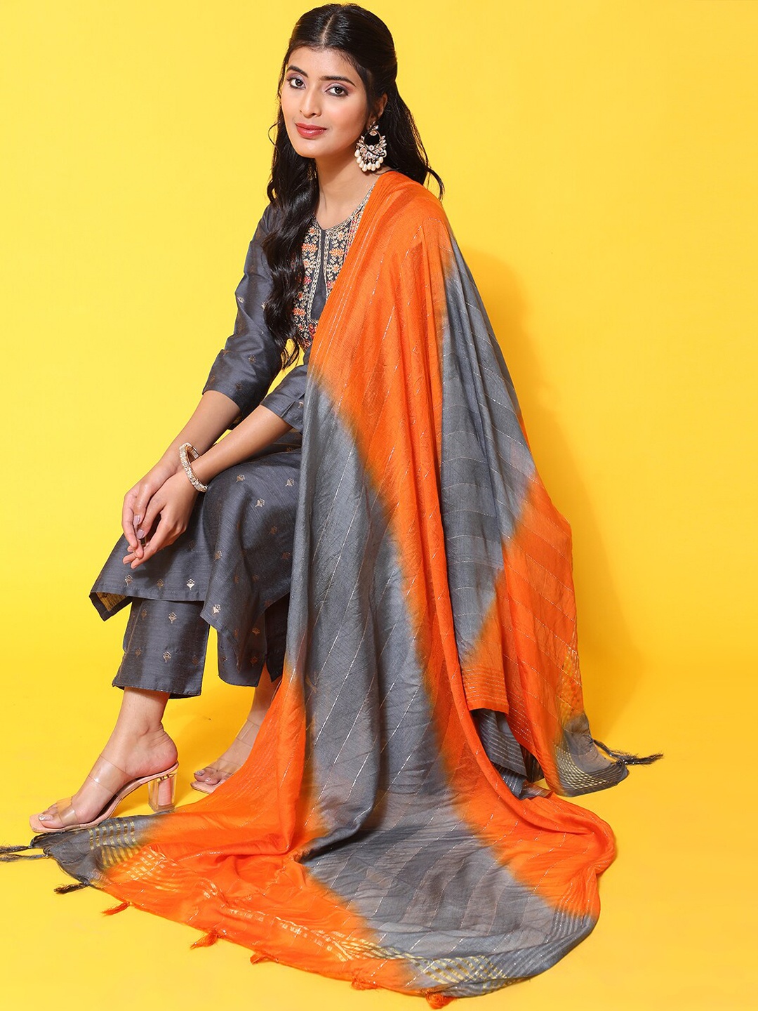Ziva Fashion Ethnic Motifs Embroidered Sequined Pure Silk Kurta with Trousers & Dupatta, Grey
Ziva Fashion Ethnic Motifs Embroidered Sequined Pure Silk Kurta with Trousers & Dupatta, Grey