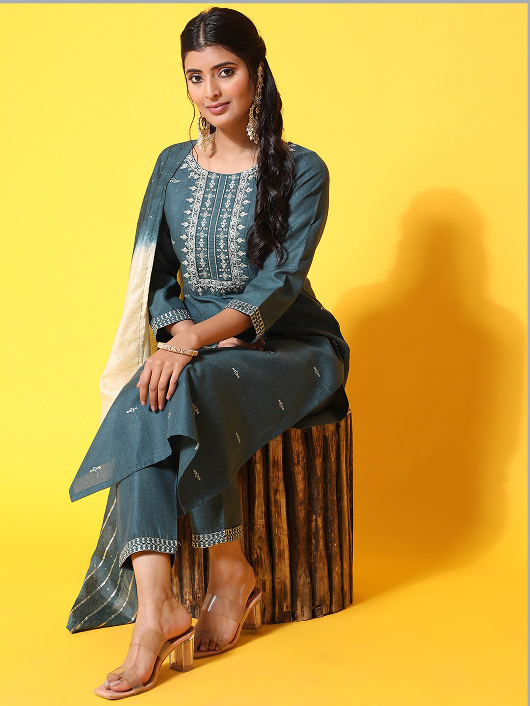 Ziva Fashion Ethnic Motifs Embroidered Zari Kurta with Trousers & Dupatta, Teal
Ziva Fashion Ethnic Motifs Embroidered Zari Kurta with Trousers & Dupatta, Teal