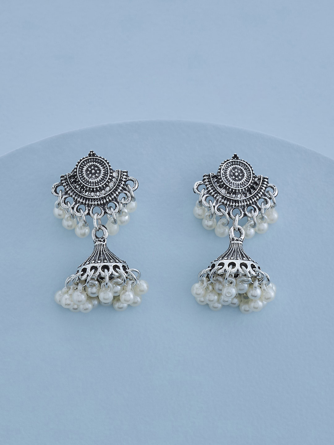 Kushal's Fashion Jewellery Rhodium-Plated Beaded Oxidised Contemporary Jhumkas Earrings, White 
Kushal's Fashion Jewellery Rhodium-Plated Beaded Oxidised Contemporary Jhumkas Earrings, White