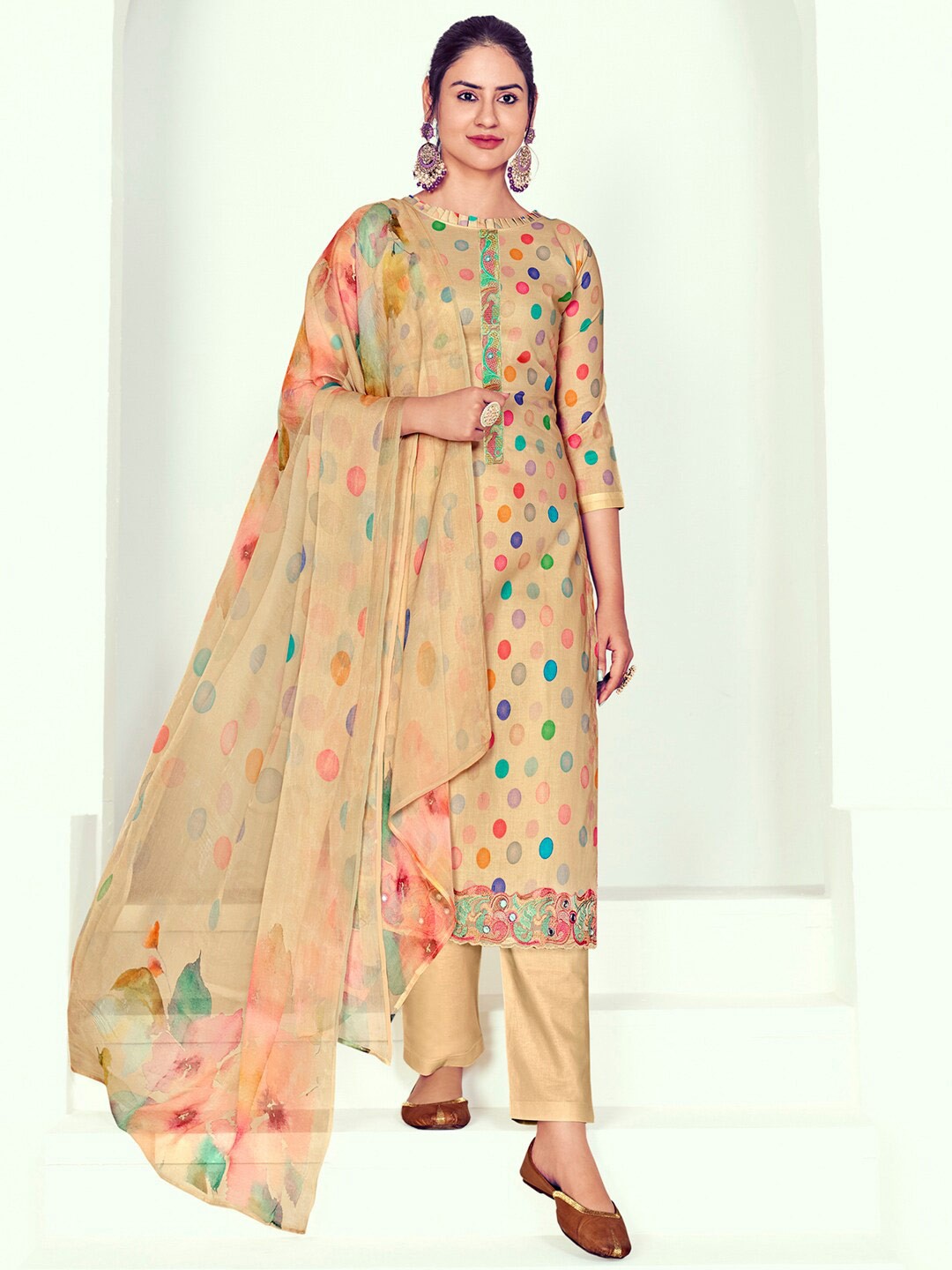 Stylee LIFESTYLE Polka Dot Printed Pure Cotton Mirror Work Unstitched Dress Material, Beige