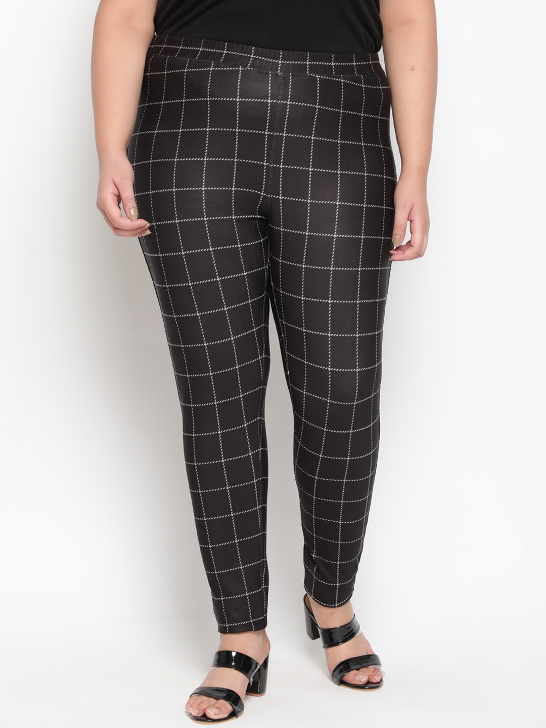 Amydus Plus Size Fleece Checked Winter Treggings, Black