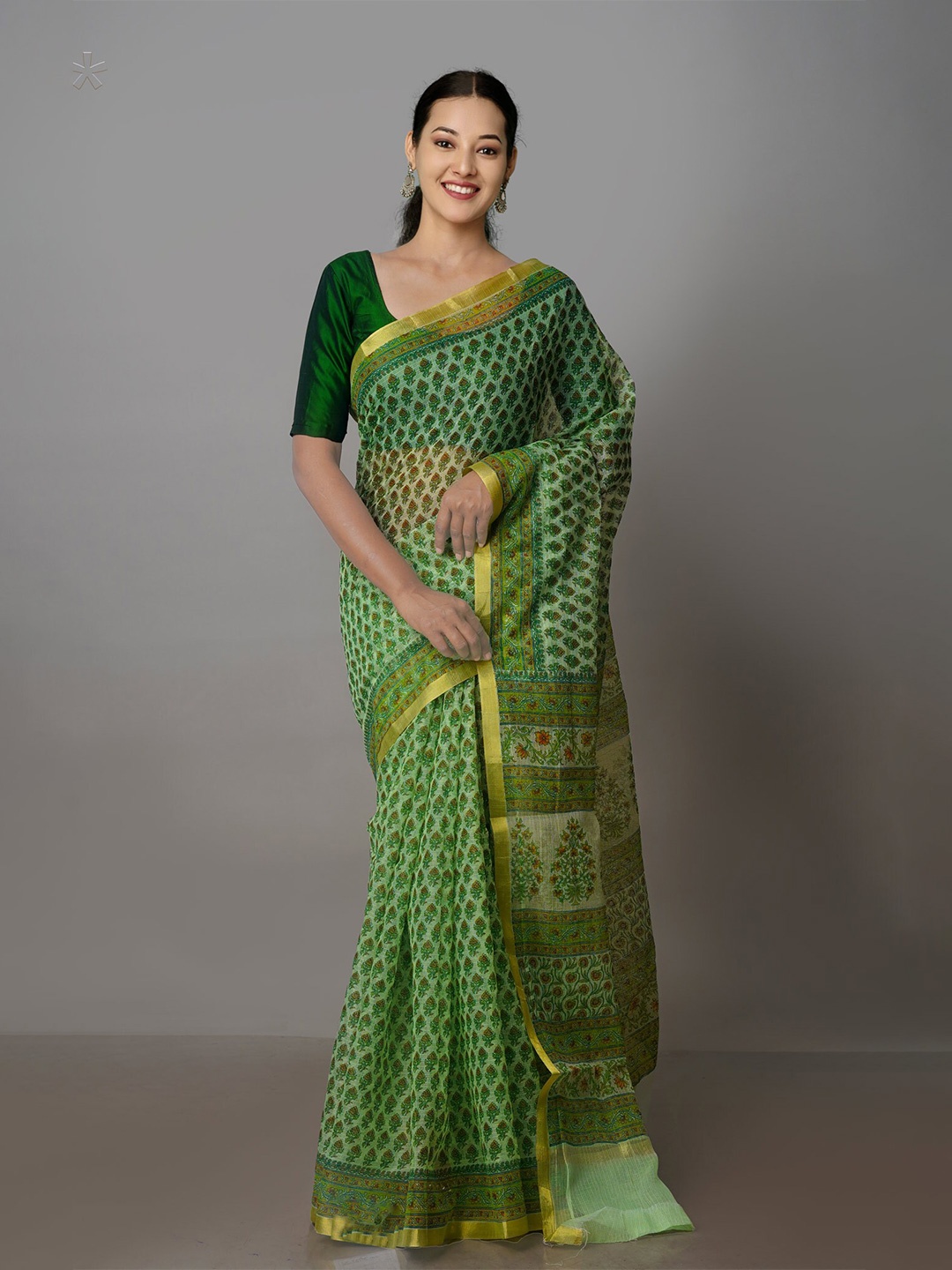Unnati Silks Ethnic Motifs Block Printed Zari Pure Cotton Handloom Kota Saree, Green
Unnati Silks Ethnic Motifs Block Printed Zari Pure Cotton Handloom Kota Saree, Green