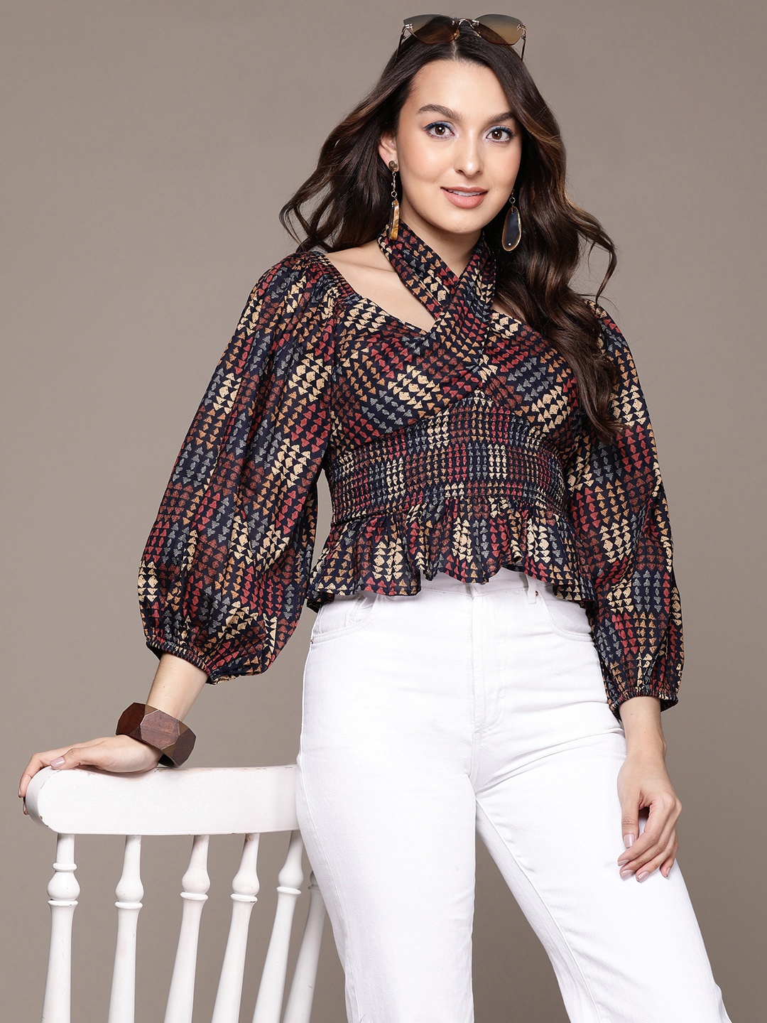 Label Ritu Kumar Geometric Print Halter Neck Puff Sleeve Smocked Cotton Cinched Waist Top, Navy blue
Label Ritu Kumar Geometric Print Halter Neck Puff Sleeve Smocked Cotton Cinched Waist Top, Navy blue