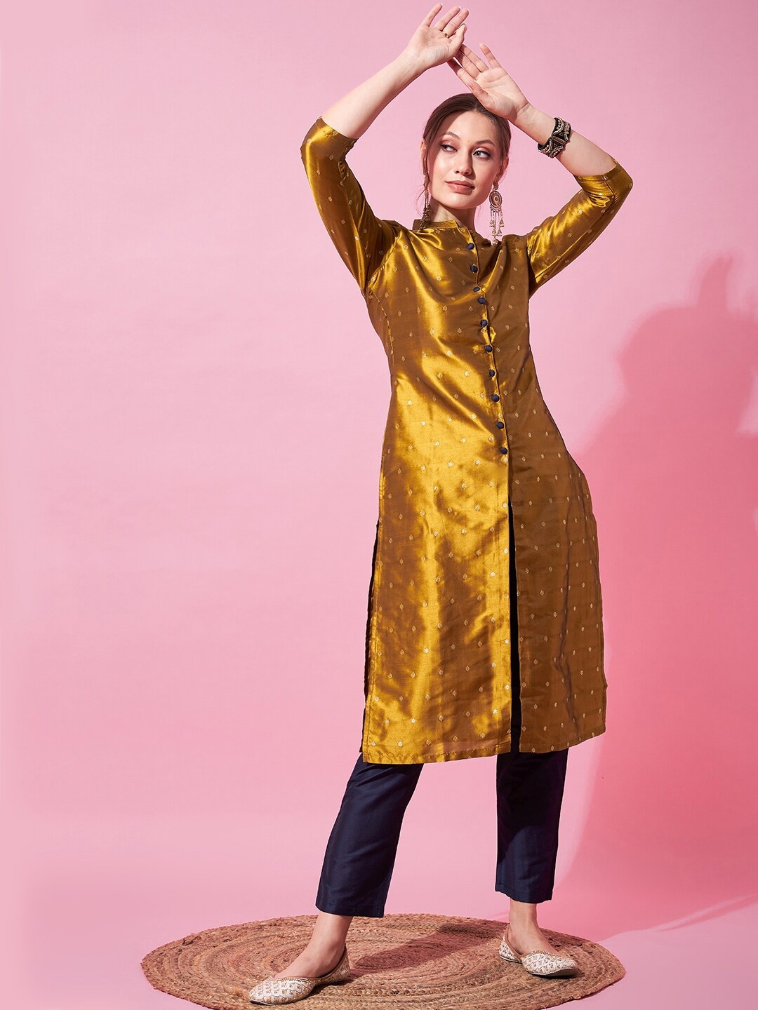 indo street Ethnic Motifs Woven Design Zari Multiple Slit A-Line Kurta with Trousers, Mustard
indo street Ethnic Motifs Woven Design Zari Multiple Slit A-Line Kurta with Trousers, Mustard