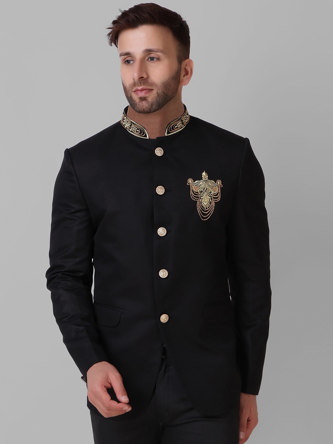 TrulyFeb Men Self Design Embroidered Detailed Slim-Fit Bandhgala Cotton Blazer, Black
TrulyFeb Men Self Design Embroidered Detailed Slim-Fit Bandhgala Cotton Blazer, Black