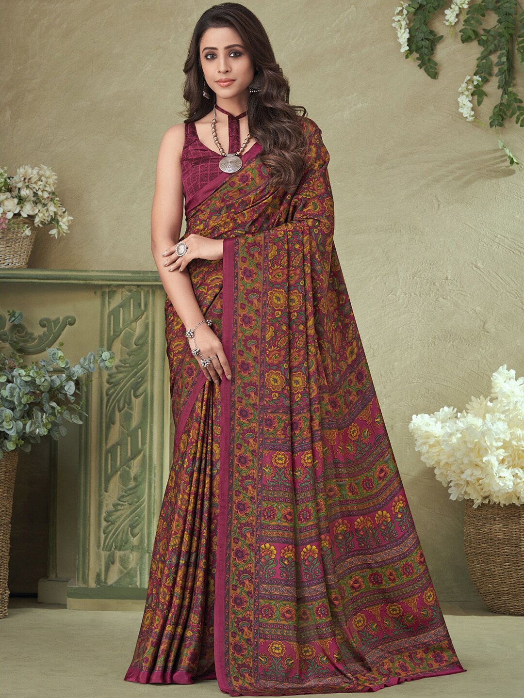 Mitera Floral Printed Silk Blend Saree, Purple