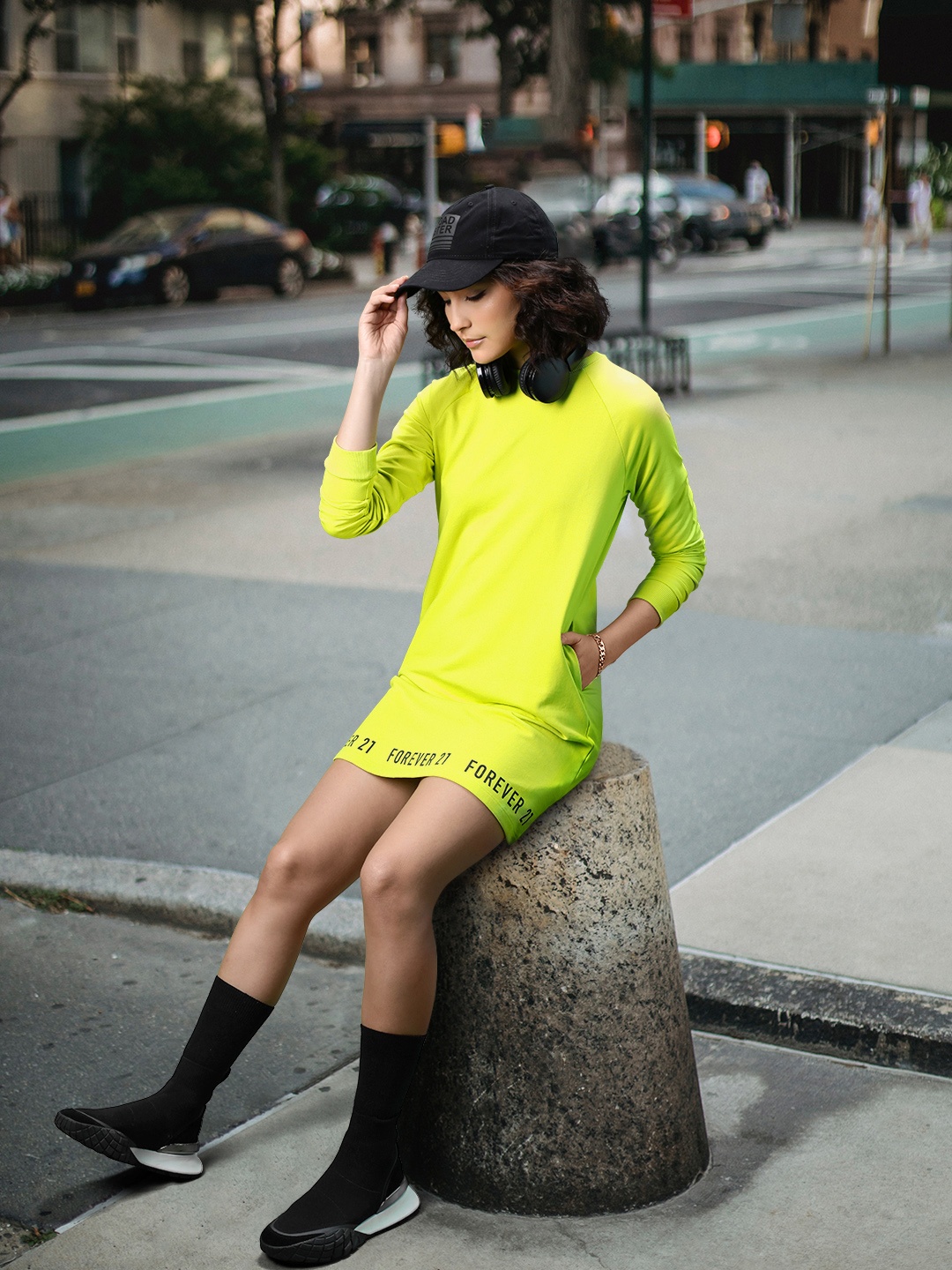 FOREVER 21 Mini T-shirt Dress With Brand Logo Detail, Fluorescent green