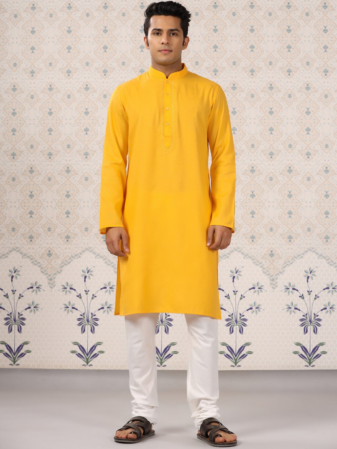 Ode by House of Pataudi Mandarin Collar Thread Work Straight Kurta with Churidar, Yellow
Ode by House of Pataudi Mandarin Collar Thread Work Straight Kurta with Churidar, Yellow
