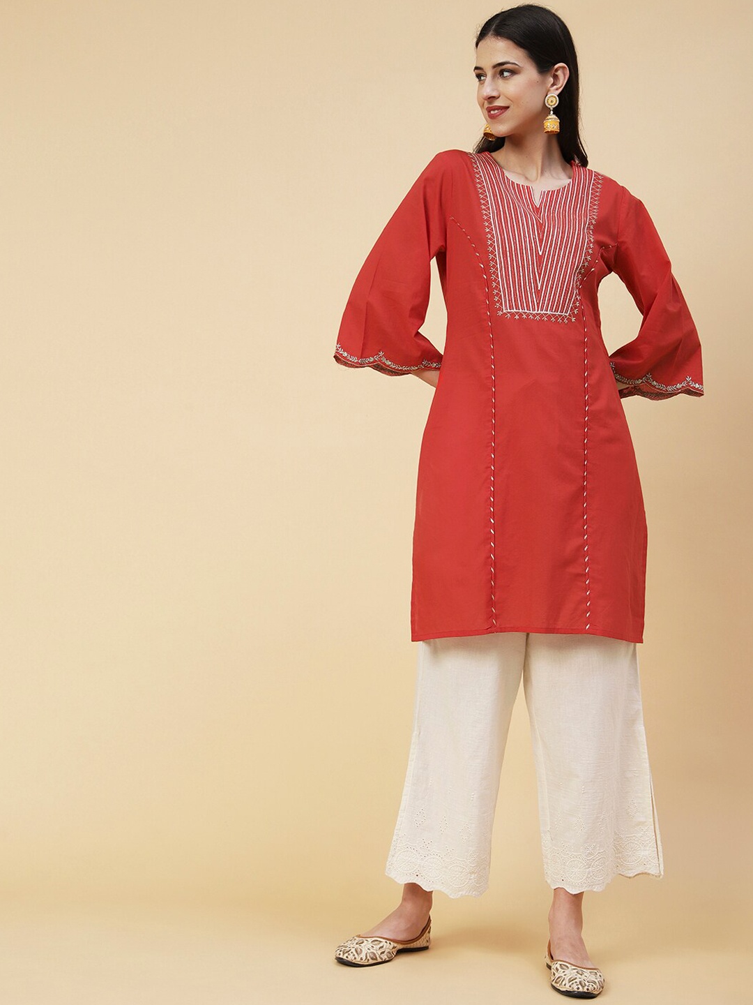 FASHOR Ethnic Motifs Yoke Design Gotta Patti Panelled Pure Cotton Kurta with Palazzos, Red
FASHOR Ethnic Motifs Yoke Design Gotta Patti Panelled Pure Cotton Kurta with Palazzos, Red