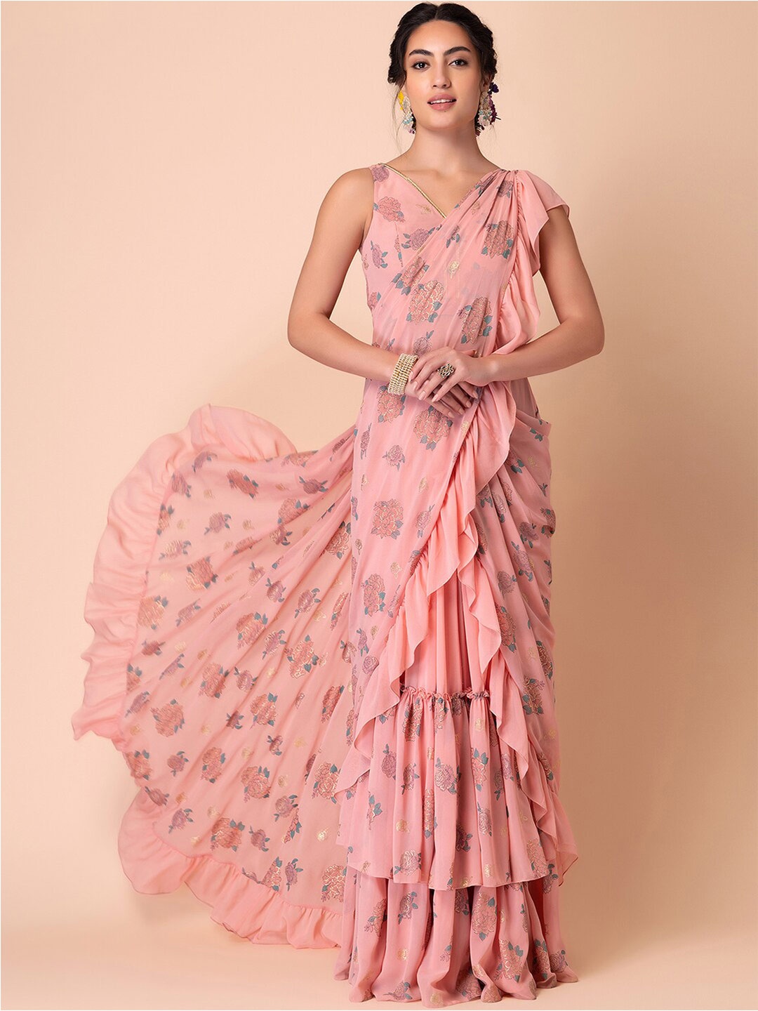 INDYA X VARUN BAHL Floral Printed Ruffled Ready To Wear Saree With Stitched Blouse, Peach
INDYA X VARUN BAHL Floral Printed Ruffled Ready To Wear Saree With Stitched Blouse, Peach
