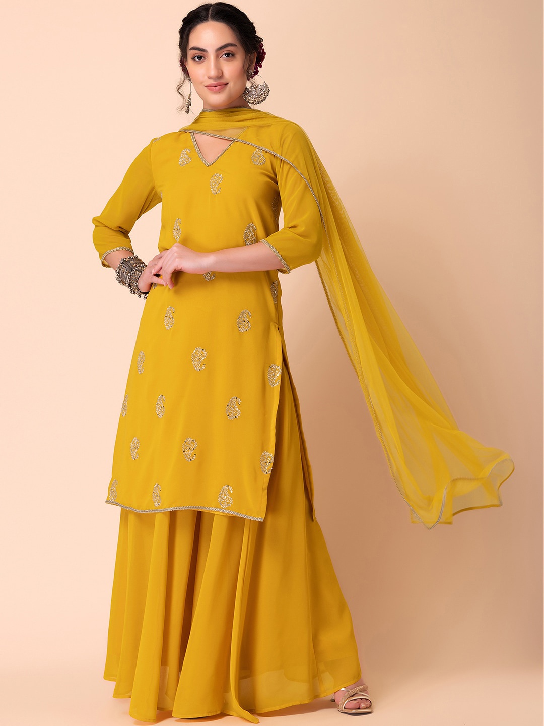 INDYA X VARUN BAHL Paisley Embroidered Sequinned Georgette Straight Kurta Set & Dupatta, Mustard
INDYA X VARUN BAHL Paisley Embroidered Sequinned Georgette Straight Kurta Set & Dupatta, Mustard